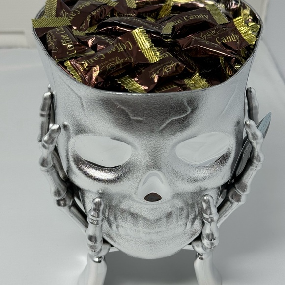 Halloween Skeleton Skull In Hands Candy Planter Bowl Silver Color NWT 5” X 7.5” - Picture 2 of 16
